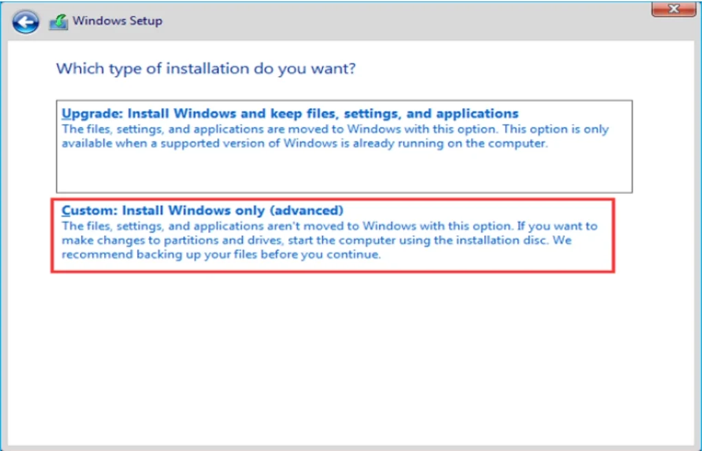 choose Custom Install Windows only (advanced)