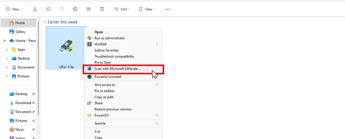 right-click on the rufus file and scan it with windows defender