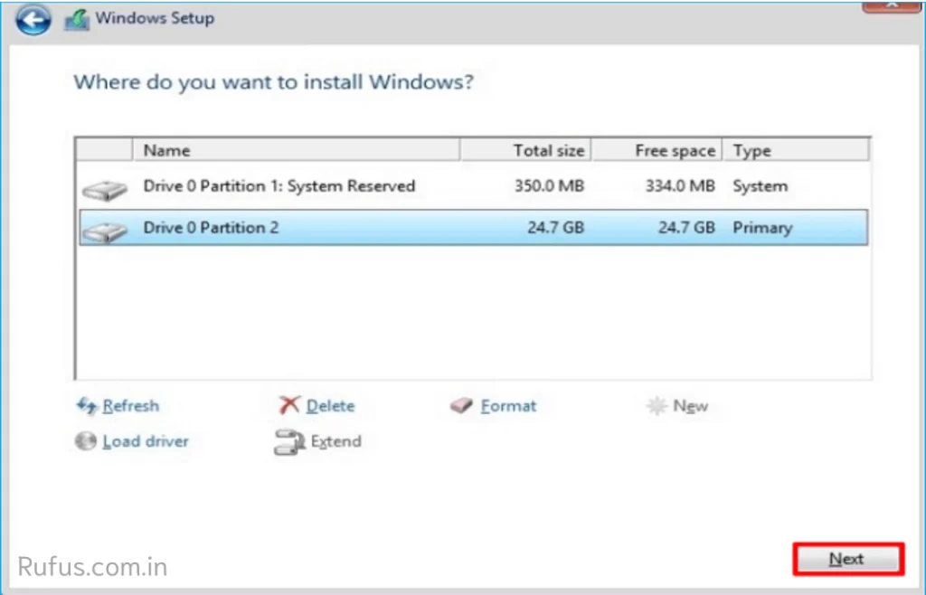 select the primary partition and click Next to Install Windows 10